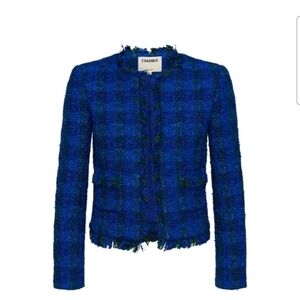 L'AGENCE Angelina Tweed Open-Front Collarless Blazer In Pop Cobalt Green